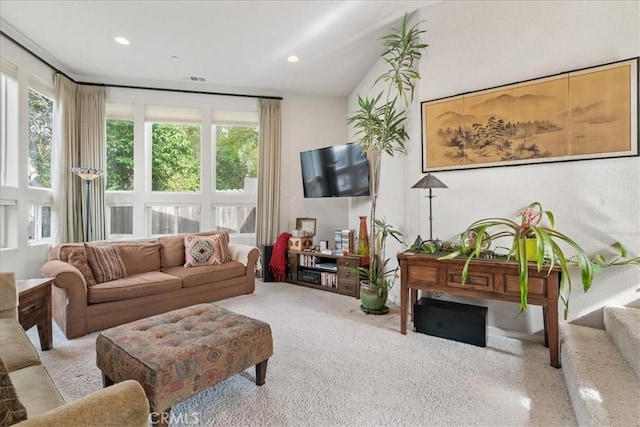 living room featuring vaulted ceiling and a wealth of natural light