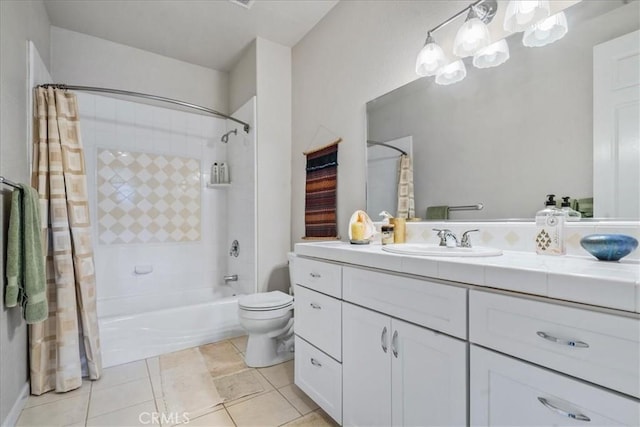 full bathroom featuring vanity, shower / tub combo with curtain, tile patterned floors, and toilet