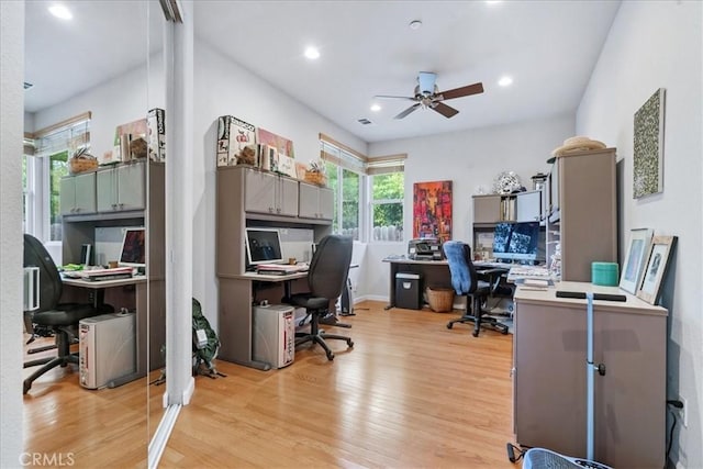 office area featuring light hardwood / wood-style flooring and ceiling fan