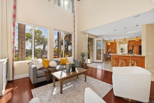 living room featuring light hardwood / wood-style flooring and a high ceiling