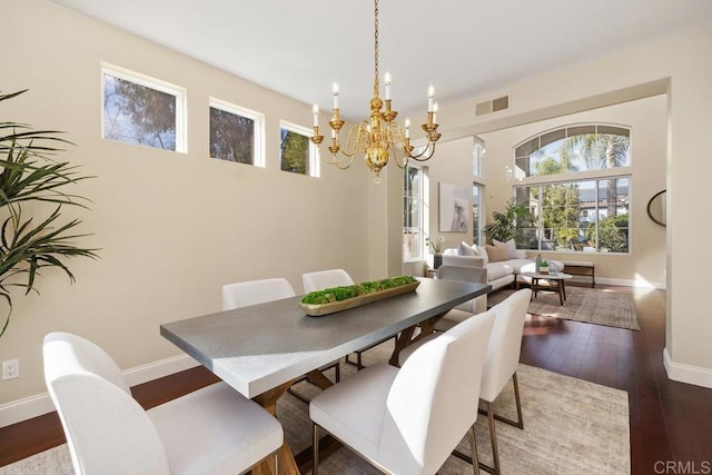 dining room featuring an inviting chandelier, a healthy amount of sunlight, and dark hardwood / wood-style floors