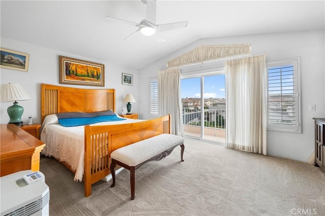 bedroom featuring vaulted ceiling, access to outside, carpet floors, and ceiling fan