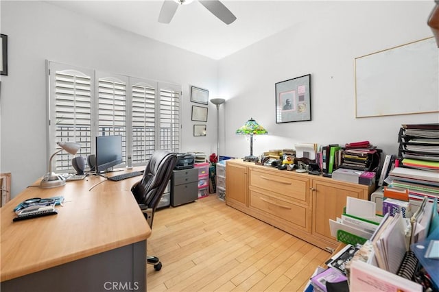 office space with ceiling fan and light hardwood / wood-style flooring