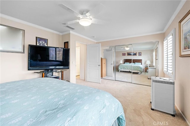 carpeted bedroom featuring crown molding, ceiling fan, and heating unit