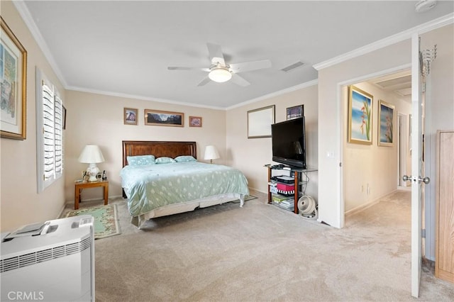 bedroom with crown molding, light carpet, and ceiling fan