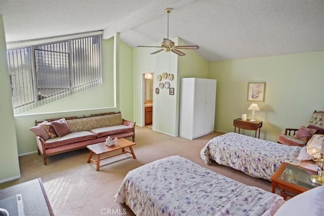 carpeted bedroom with ceiling fan, a textured ceiling, and vaulted ceiling with beams