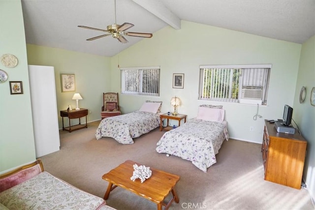 bedroom with ceiling fan, carpet flooring, and lofted ceiling with beams