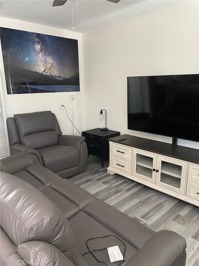 living room featuring ceiling fan and light hardwood / wood-style flooring