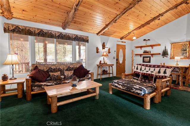 carpeted living room with wood ceiling, track lighting, and vaulted ceiling with beams