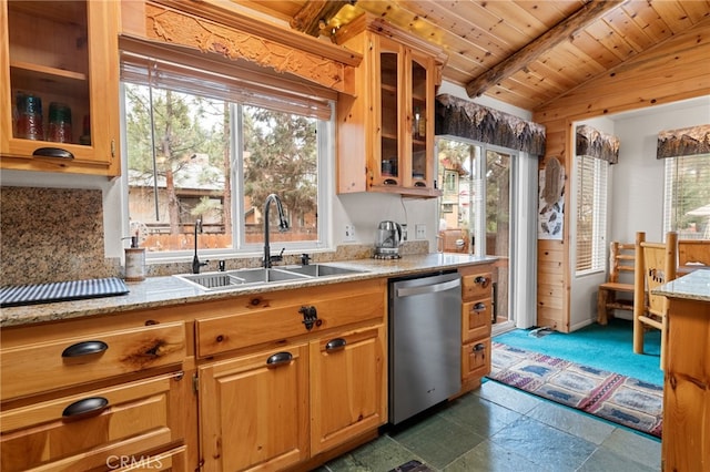 kitchen with wood ceiling, stainless steel dishwasher, light stone countertops, and sink