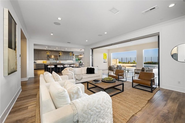 living room with dark wood-type flooring