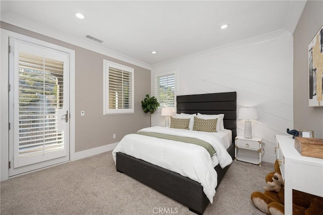 20436 W Liverpool Way, Porter Ranch, CA 91326 - bedroom featuring access to exterior, carpet, ornamental molding, baseboards, and recessed lighting