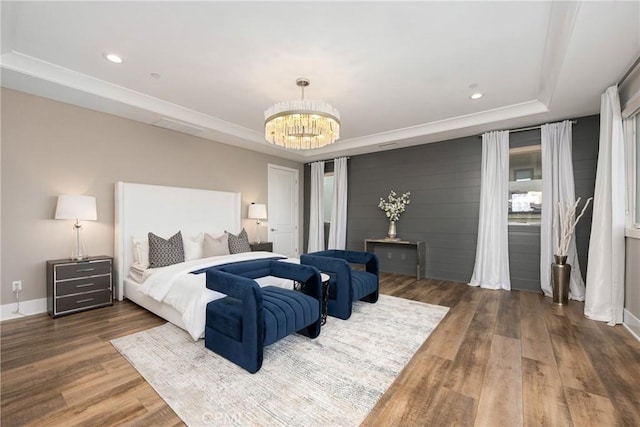 20436 W Liverpool Way, Porter Ranch, CA 91326 - bedroom with a tray ceiling, a chandelier, wood finished floors, recessed lighting, and baseboards