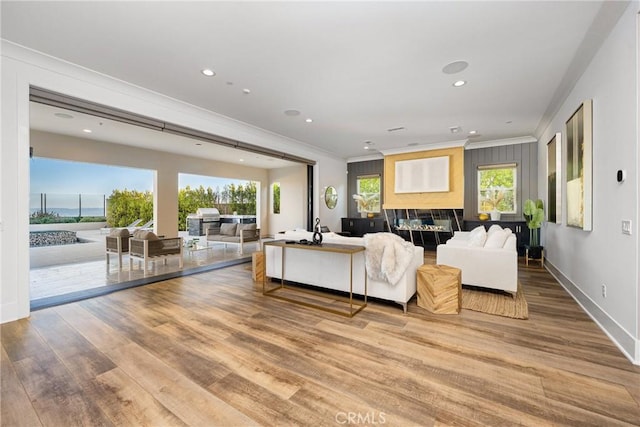 living room with hardwood / wood-style floors and crown molding