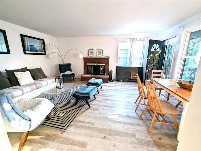 living room featuring a fireplace and light hardwood / wood-style floors