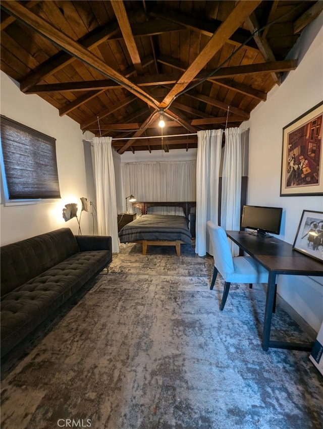 carpeted home office featuring wood ceiling and vaulted ceiling with beams