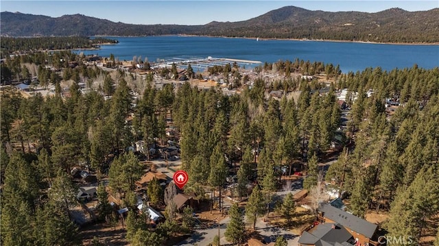 bird's eye view with a water and mountain view