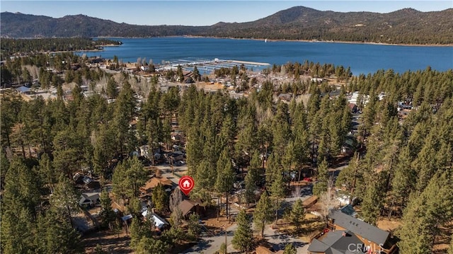 birds eye view of property with a wooded view and a water and mountain view