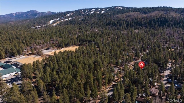 bird's eye view with a mountain view and a wooded view