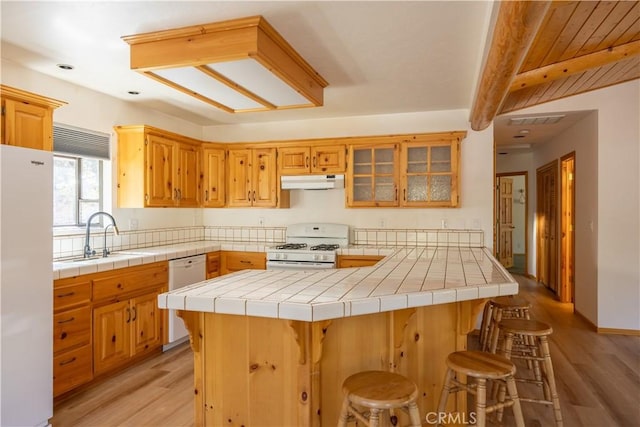 kitchen featuring light wood-type flooring, white appliances, a sink, and under cabinet range hood