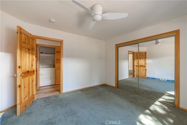 unfurnished bedroom featuring carpet floors, washer / clothes dryer, a closet, ceiling fan, and baseboards