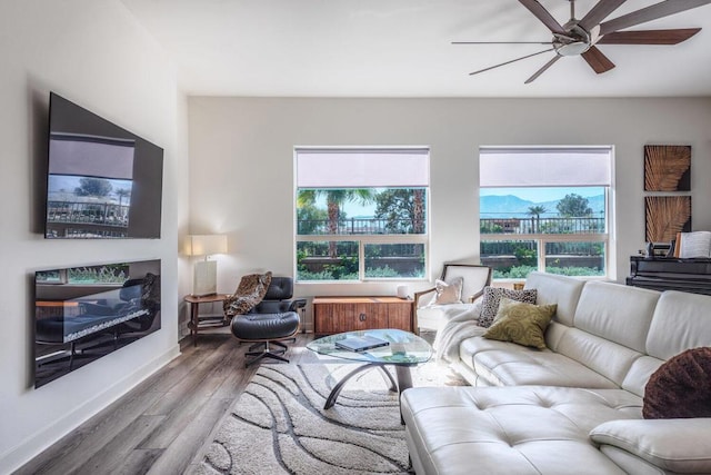 living room with hardwood / wood-style floors and ceiling fan