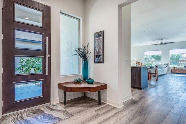 foyer featuring ceiling fan and light wood-type flooring