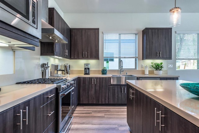 kitchen with appliances with stainless steel finishes, a wealth of natural light, decorative light fixtures, sink, and light hardwood / wood-style flooring