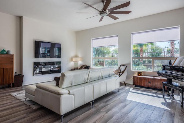 living room featuring wood-type flooring and ceiling fan