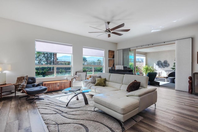 living room with wood-type flooring and ceiling fan