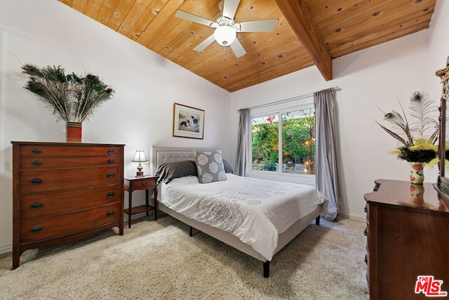 bedroom featuring light carpet, wood ceiling, lofted ceiling with beams, and ceiling fan