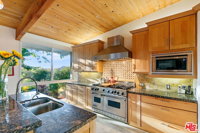 kitchen featuring premium range hood, tasteful backsplash, sink, stainless steel appliances, and wooden ceiling