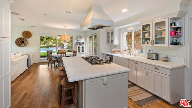 kitchen featuring pendant lighting, appliances with stainless steel finishes, a center island, white cabinets, and island exhaust hood