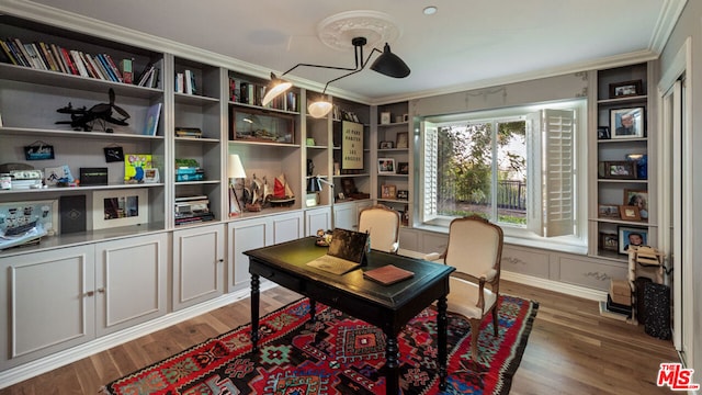 office space featuring wood-type flooring and crown molding