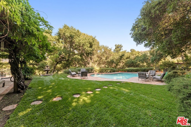 view of pool featuring a yard and a patio area