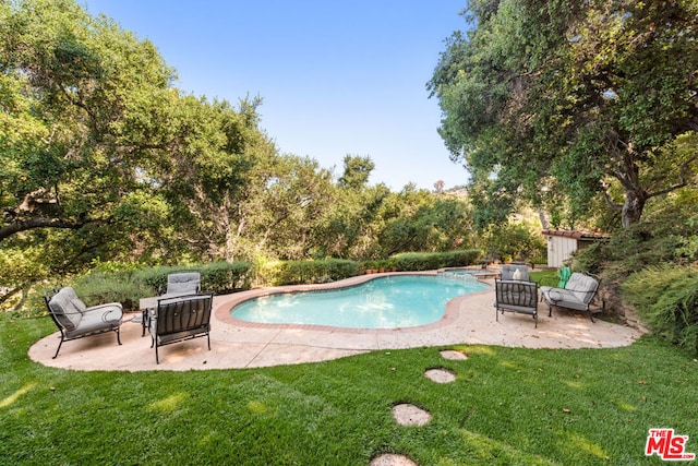 view of pool with a yard and a patio area