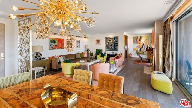 dining area featuring dark hardwood / wood-style floors and a notable chandelier