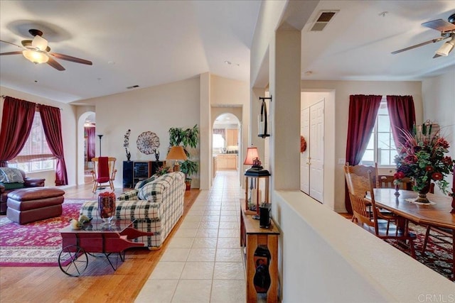 living room featuring ceiling fan