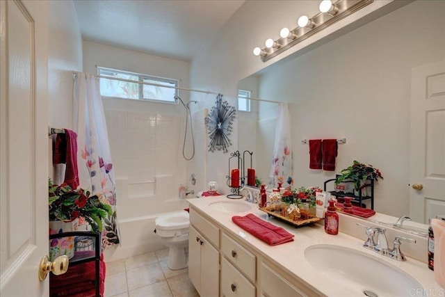 full bathroom with shower / tub combo with curtain, vanity, tile patterned flooring, and toilet