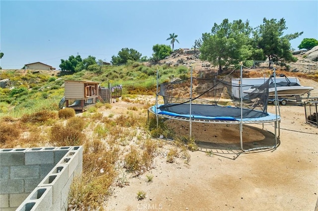 view of yard with a trampoline and a playground