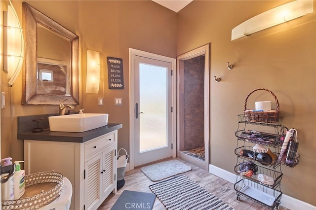 bathroom with vanity and wood-type flooring