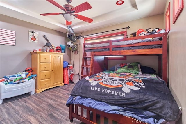 bedroom featuring dark hardwood / wood-style flooring and a raised ceiling