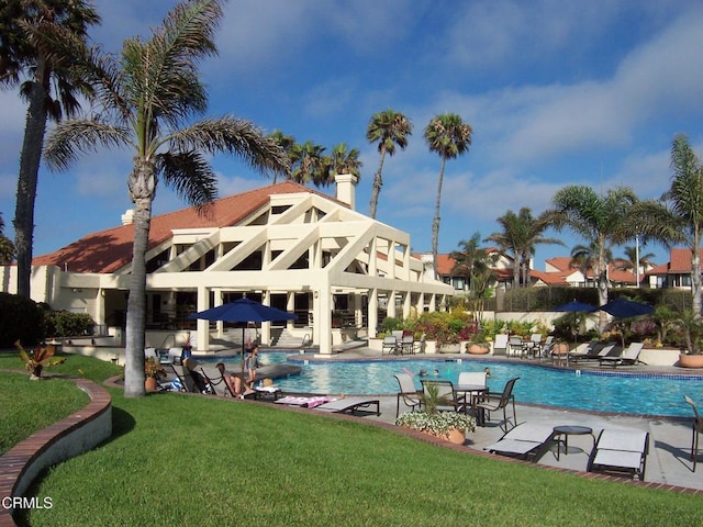 view of swimming pool with a yard and a patio area