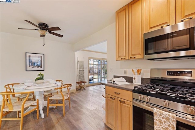 kitchen with ceiling fan, appliances with stainless steel finishes, dark hardwood / wood-style flooring, and light brown cabinetry