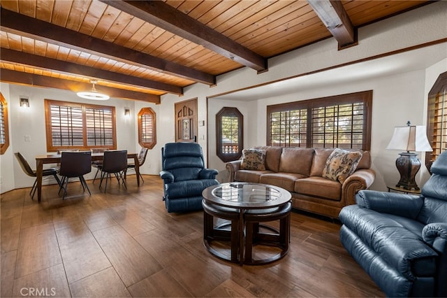 living room featuring dark hardwood / wood-style flooring, wood ceiling, and beam ceiling