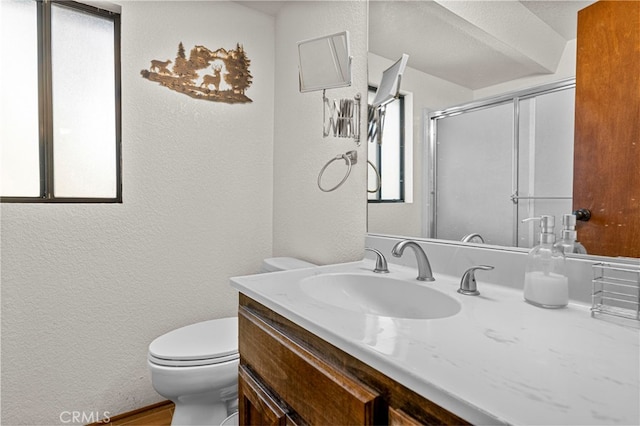 bathroom featuring vanity, an enclosed shower, and toilet