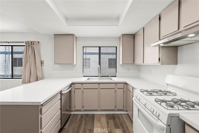 kitchen featuring sink, dishwasher, a tray ceiling, white range with gas cooktop, and kitchen peninsula