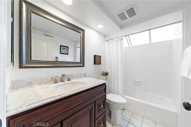 full bathroom with vanity, tile patterned flooring, shower / bath combination with curtain, and toilet