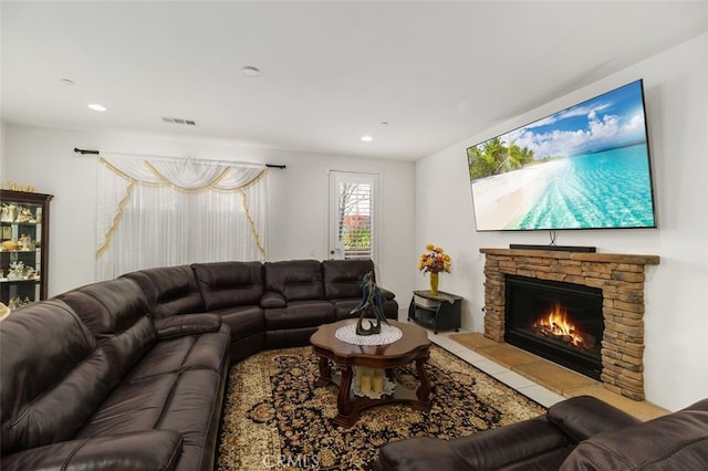 living room with a fireplace