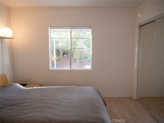 bedroom featuring a closet and light wood-type flooring